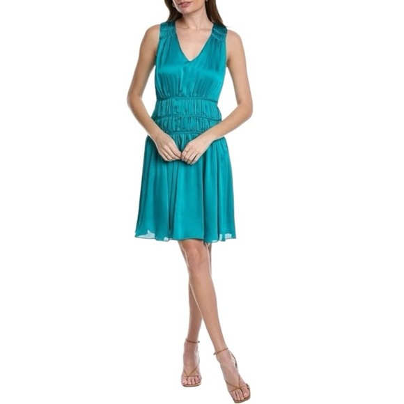 Trina Turk Teal Islander V-Neck Smocked Waist Georgette Dress Size 4 - Picture 1 of 2